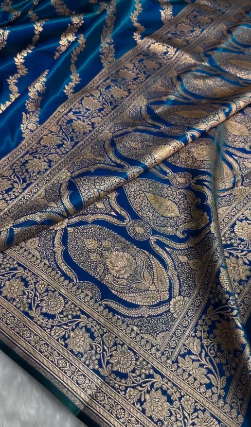 Royal Blue Banarasi Silk Saree with Elegant Golden Zari Floral Weaving