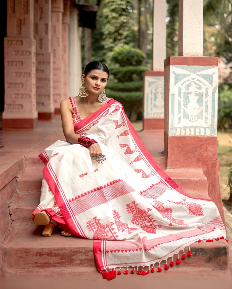 Classic Off-White & Red Handloom Cotton Saree