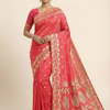 Coral Pink Silk Saree with Elegant Gold Zari Floral & Peacock Border