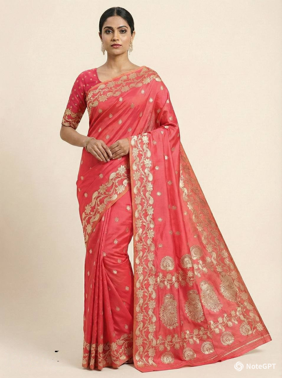 Coral Pink Silk Saree with Elegant Gold Zari Floral & Peacock Border