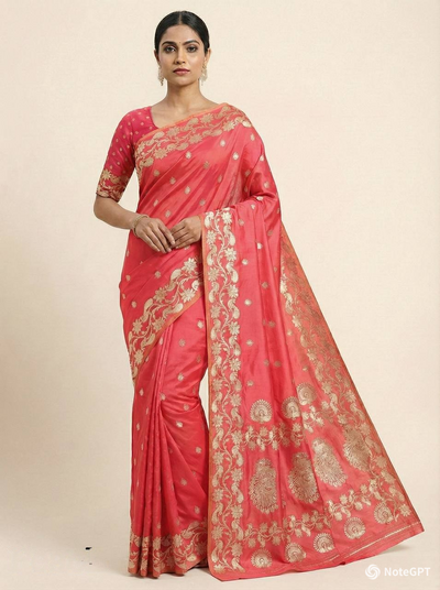 Coral Pink Silk Saree with Elegant Gold Zari Floral & Peacock Border
