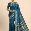 Teal Blue Silk Saree with Elegant Gold Zari Floral & Peacock Border