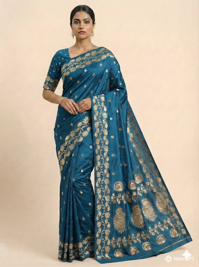 Teal Blue Silk Saree with Elegant Gold Zari Floral & Peacock Border