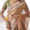 Heritage Kalamkari Inspired Earthy Beige Printed Saree with Floral Border & Artistic Pallu