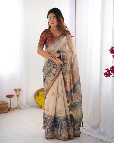 Elegant Cream Beige Linen Saree with Teal Blue Royal Horse Pallu & Floral Heritage Border | Premium Artistic Festive Wear