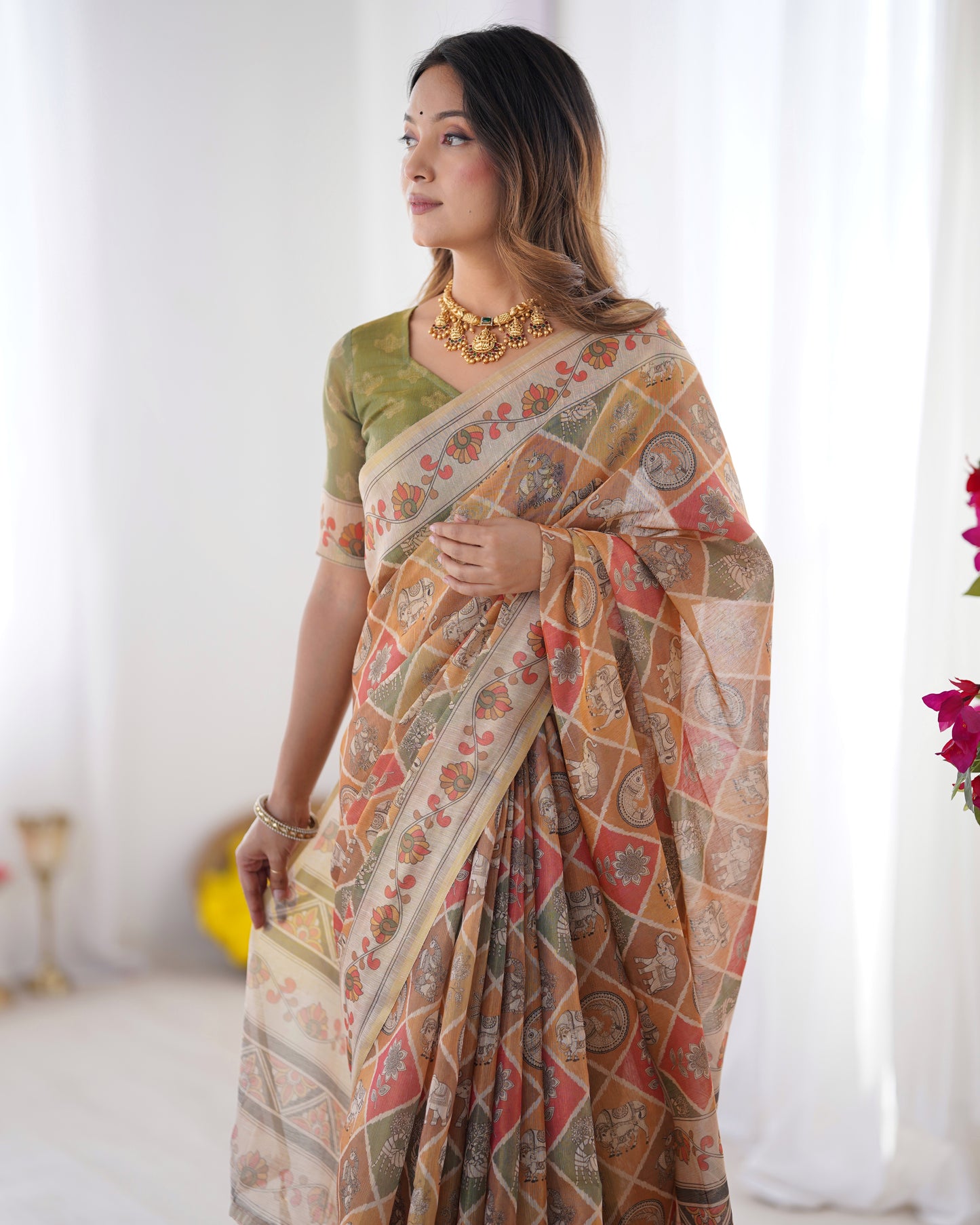 Heritage Kalamkari Inspired Earthy Beige Printed Saree with Floral Border & Artistic Pallu