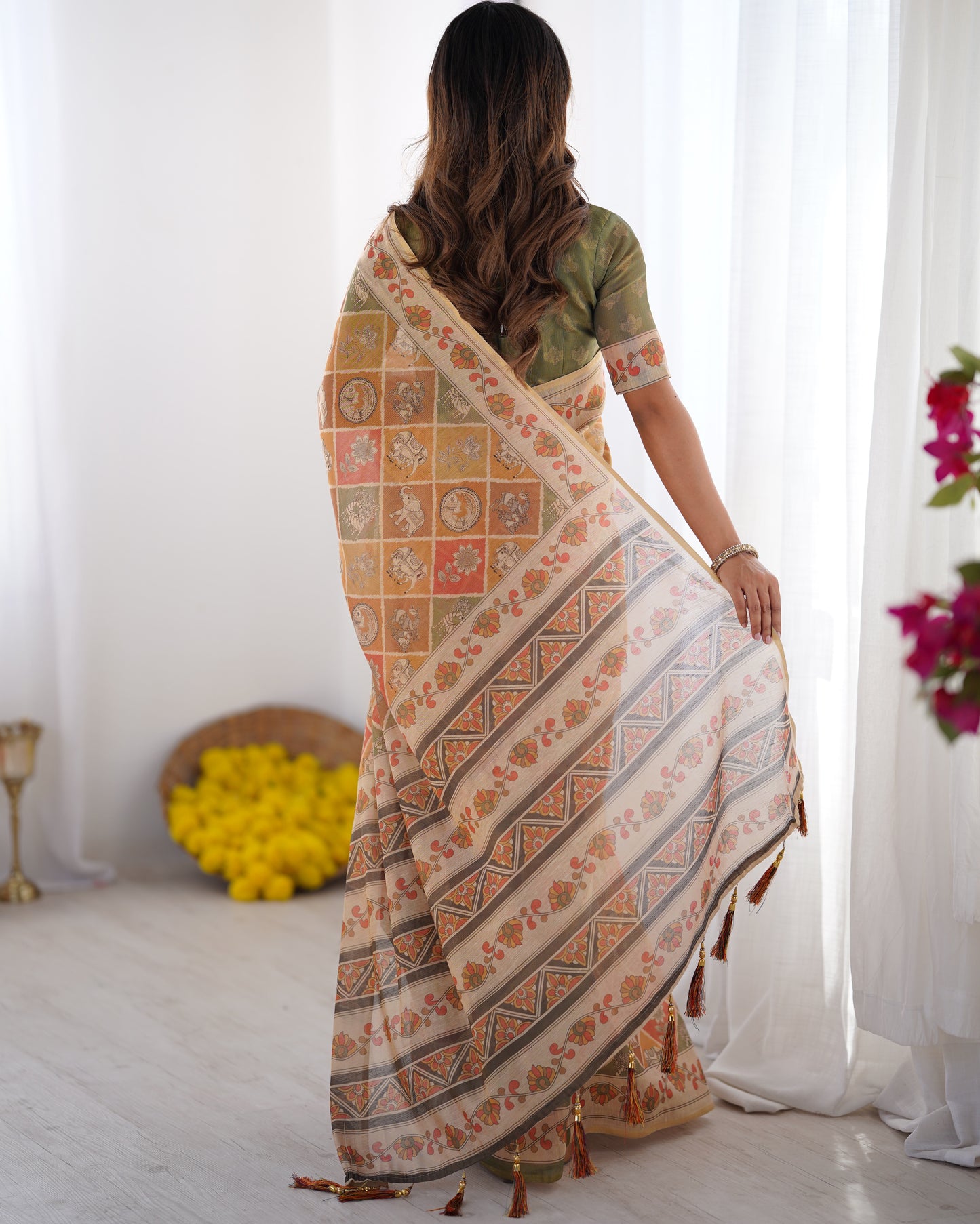 Heritage Kalamkari Inspired Earthy Beige Printed Saree with Floral Border & Artistic Pallu
