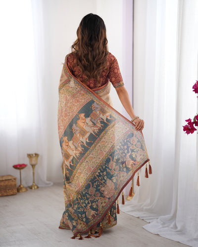 Elegant Cream Beige Linen Saree with Teal Blue Royal Horse Pallu & Floral Heritage Border | Premium Artistic Festive Wear