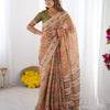 Heritage Kalamkari Inspired Earthy Beige Printed Saree with Floral Border & Artistic Pallu