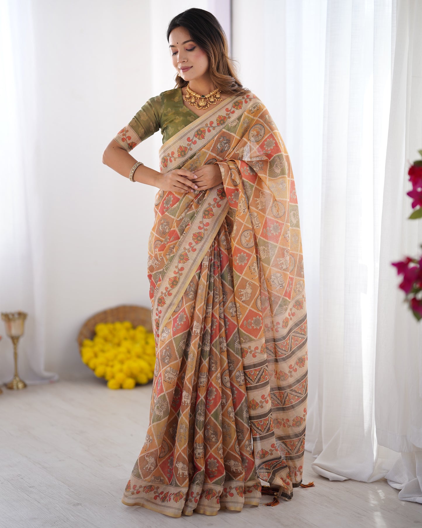 Heritage Kalamkari Inspired Earthy Beige Printed Saree with Floral Border & Artistic Pallu