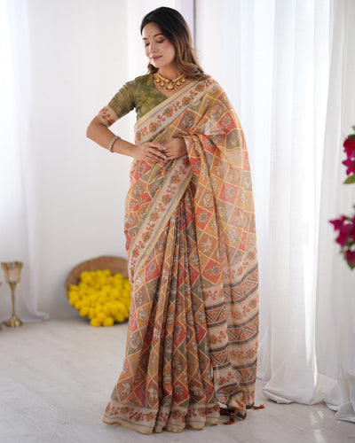 Heritage Kalamkari Inspired Earthy Beige Printed Saree with Floral Border & Artistic Pallu