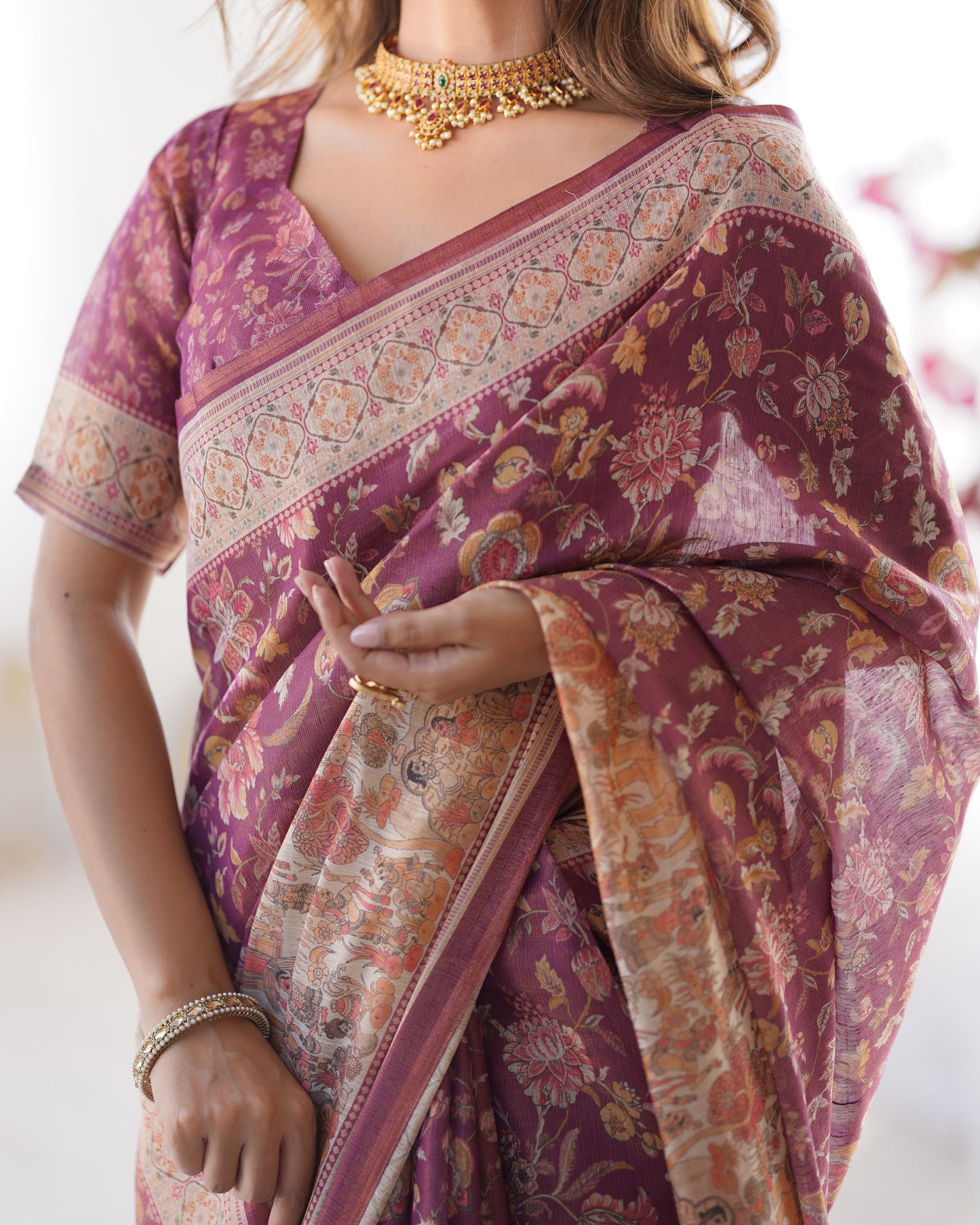 Heritage Kalamkari Inspired Mauve Printed Saree with Storytelling Border & Art Pallu