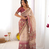 Graceful Peach Cream Linen Saree with Rose Pink Royal Border & Delicate Floral Vine Prints | Premium Festive & Elegant Wear