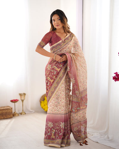 Graceful Peach Cream Linen Saree with Rose Pink Royal Border & Delicate Floral Vine Prints | Premium Festive & Elegant Wear