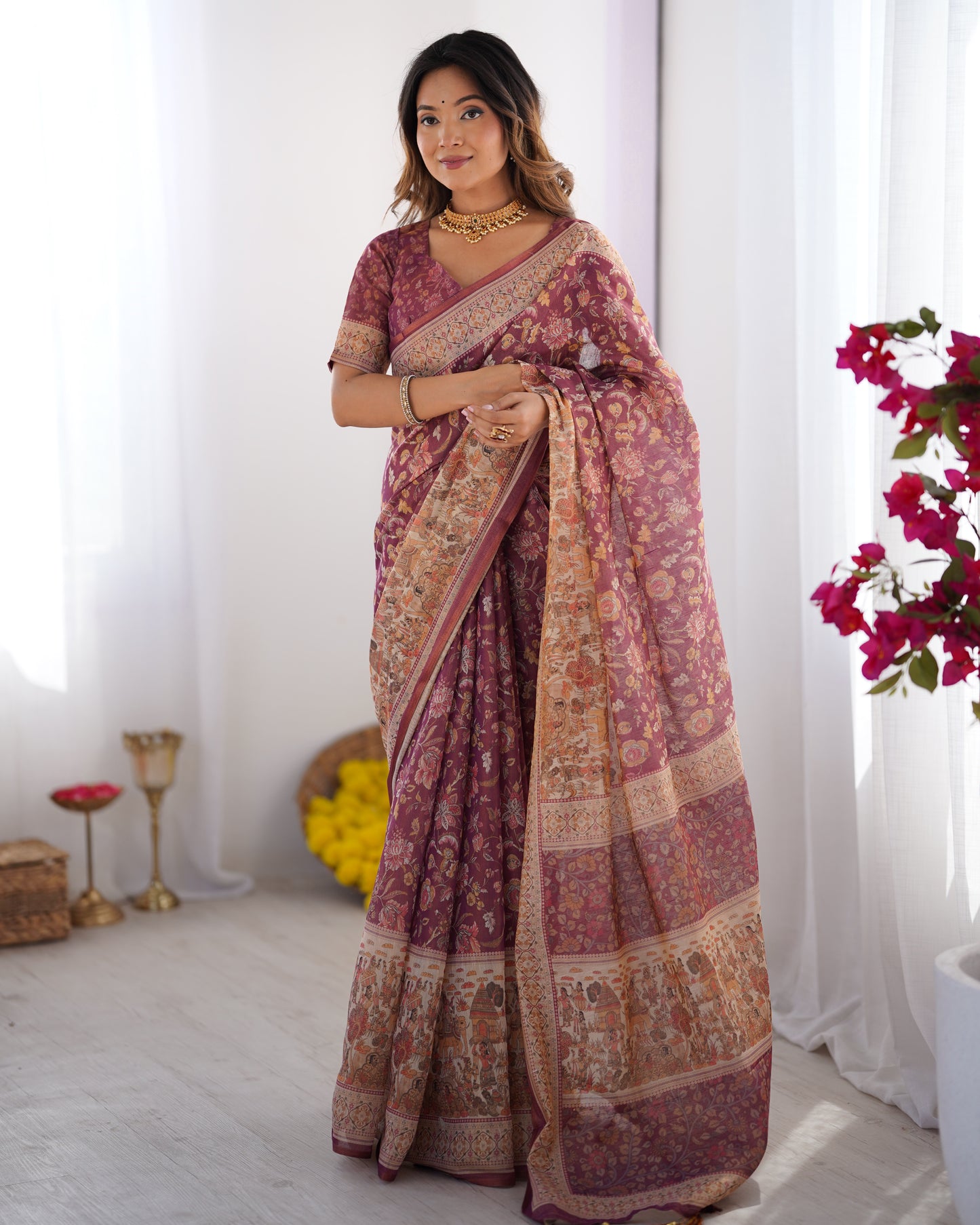 Heritage Kalamkari Inspired Mauve Printed Saree with Storytelling Border & Art Pallu
