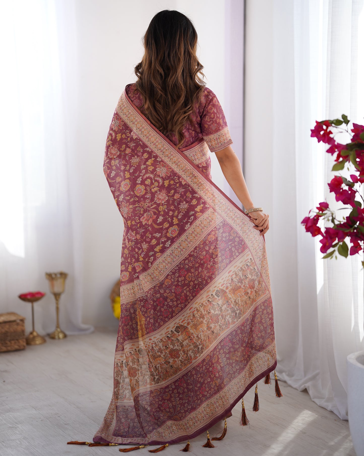 Heritage Kalamkari Inspired Mauve Printed Saree with Storytelling Border & Art Pallu