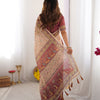 Graceful Peach Cream Linen Saree with Rose Pink Royal Border & Delicate Floral Vine Prints | Premium Festive & Elegant Wear
