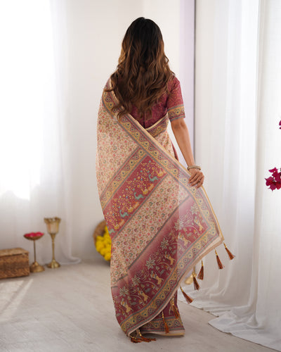 Graceful Peach Cream Linen Saree with Rose Pink Royal Border & Delicate Floral Vine Prints | Premium Festive & Elegant Wear