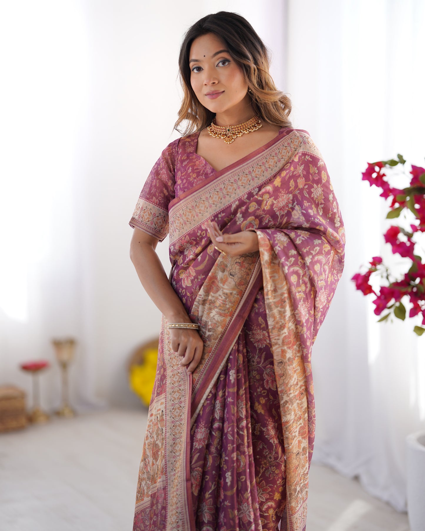 Heritage Kalamkari Inspired Mauve Printed Saree with Storytelling Border & Art Pallu