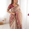 Graceful Peach Cream Linen Saree with Rose Pink Royal Border & Delicate Floral Vine Prints | Premium Festive & Elegant Wear