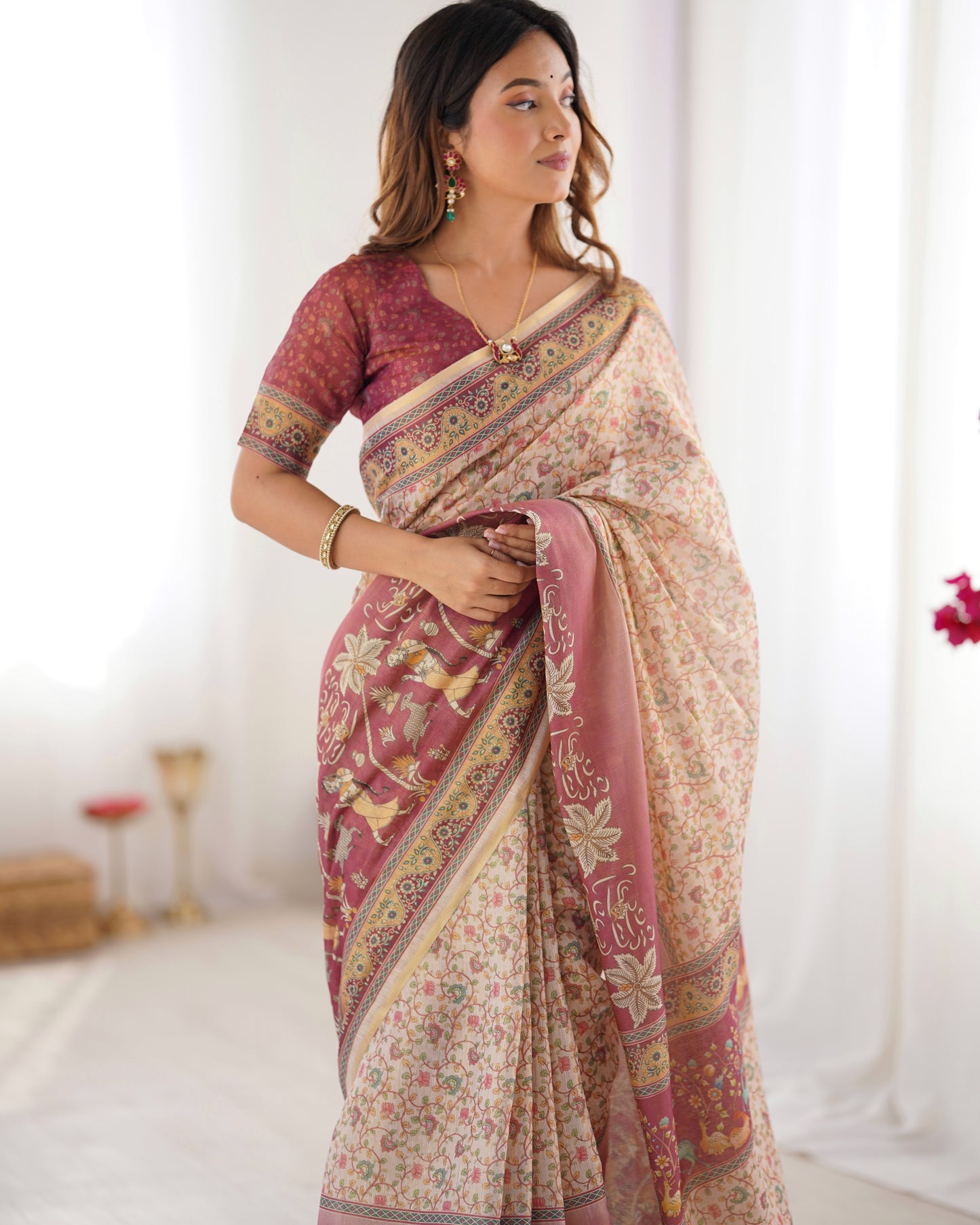 Graceful Peach Cream Linen Saree with Rose Pink Royal Border & Delicate Floral Vine Prints | Premium Festive & Elegant Wear