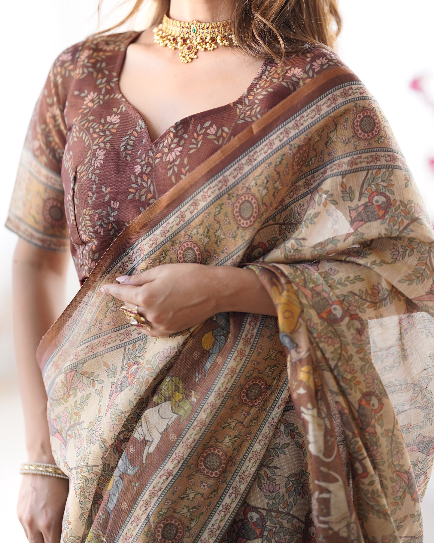 Handpainted Kalamkari Inspired Printed Saree with Heritage Border & Art Pallu