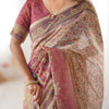 Graceful Peach Cream Linen Saree with Rose Pink Royal Border & Delicate Floral Vine Prints | Premium Festive & Elegant Wear