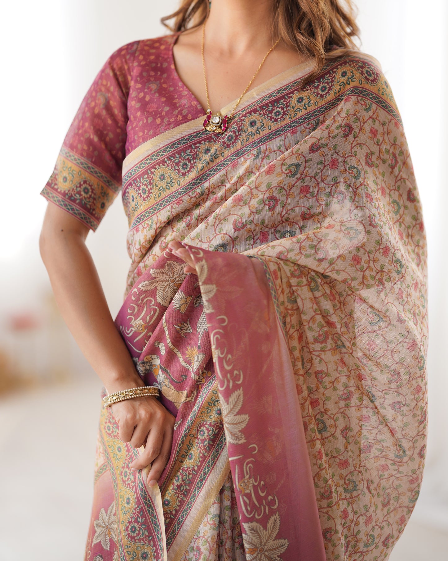 Graceful Peach Cream Linen Saree with Rose Pink Royal Border & Delicate Floral Vine Prints | Premium Festive & Elegant Wear