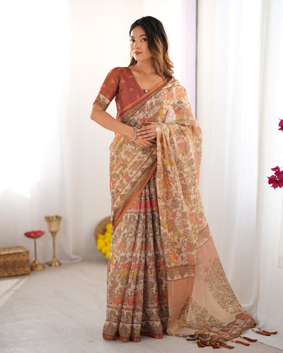 Heritage Peach Beige Linen Saree with Traditional Village Scene Pallu & Artistic Floral Border | Premium Cultural Storytelling Wear