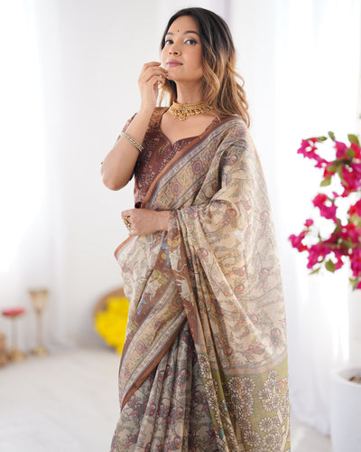 Handpainted Kalamkari Inspired Printed Saree with Heritage Border & Art Pallu