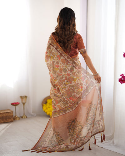 Heritage Peach Beige Linen Saree with Traditional Village Scene Pallu & Artistic Floral Border | Premium Cultural Storytelling Wear