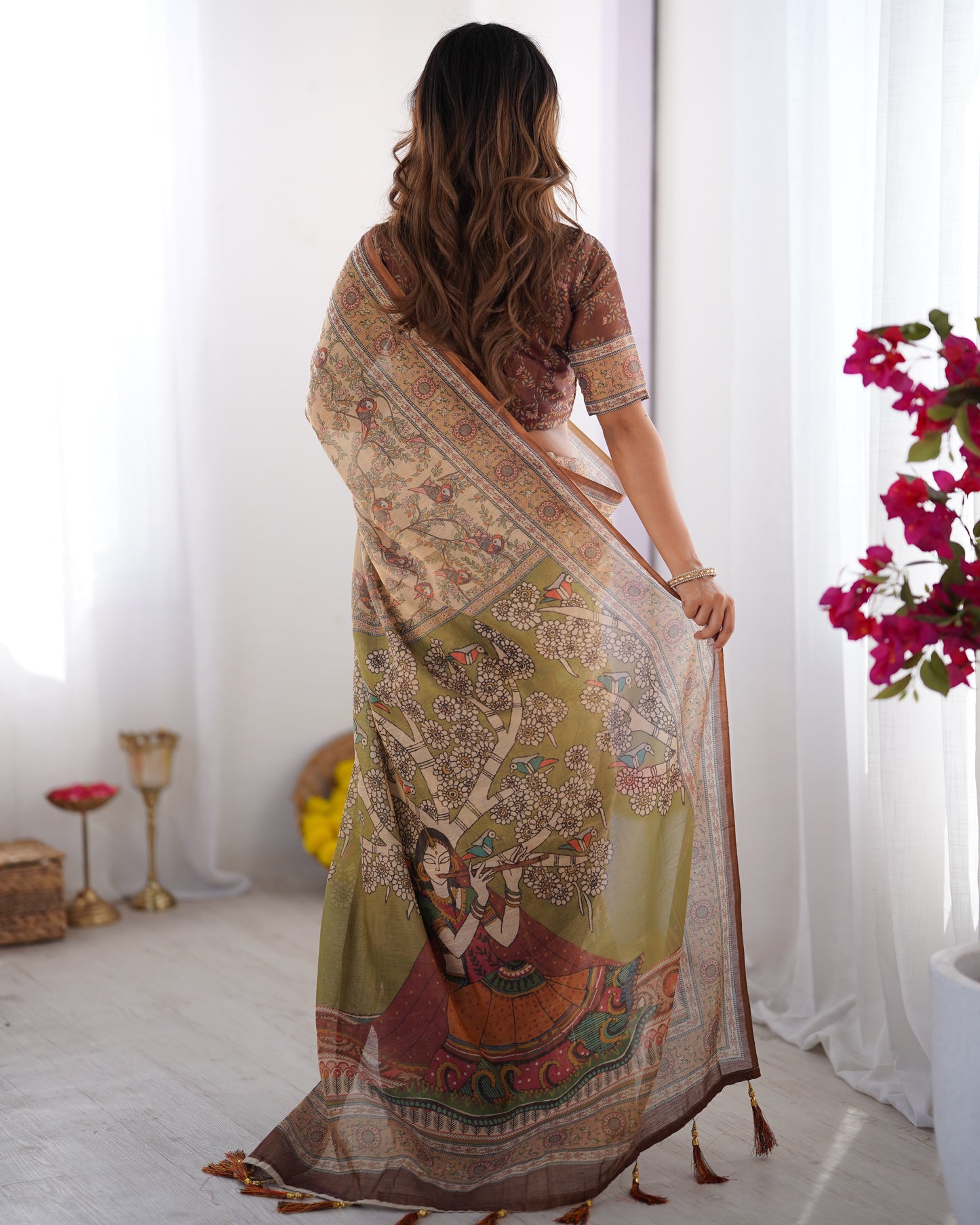 Handpainted Kalamkari Inspired Printed Saree with Heritage Border & Art Pallu