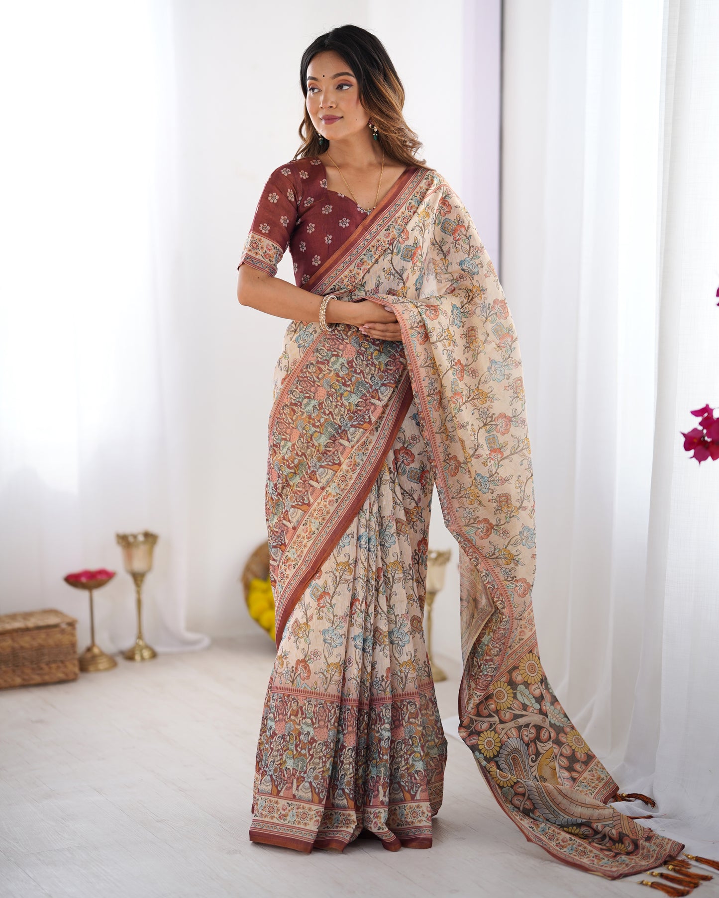 Elegant Cream Beige Linen Saree with Rust Red Heritage Border & Traditional Folk Story Prints | Premium Cultural & Festive Wear
