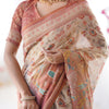 Graceful Ivory Beige Linen Saree with Artistic Rust Border & Heritage Print Detailing | Premium Festive & Elegant Wear