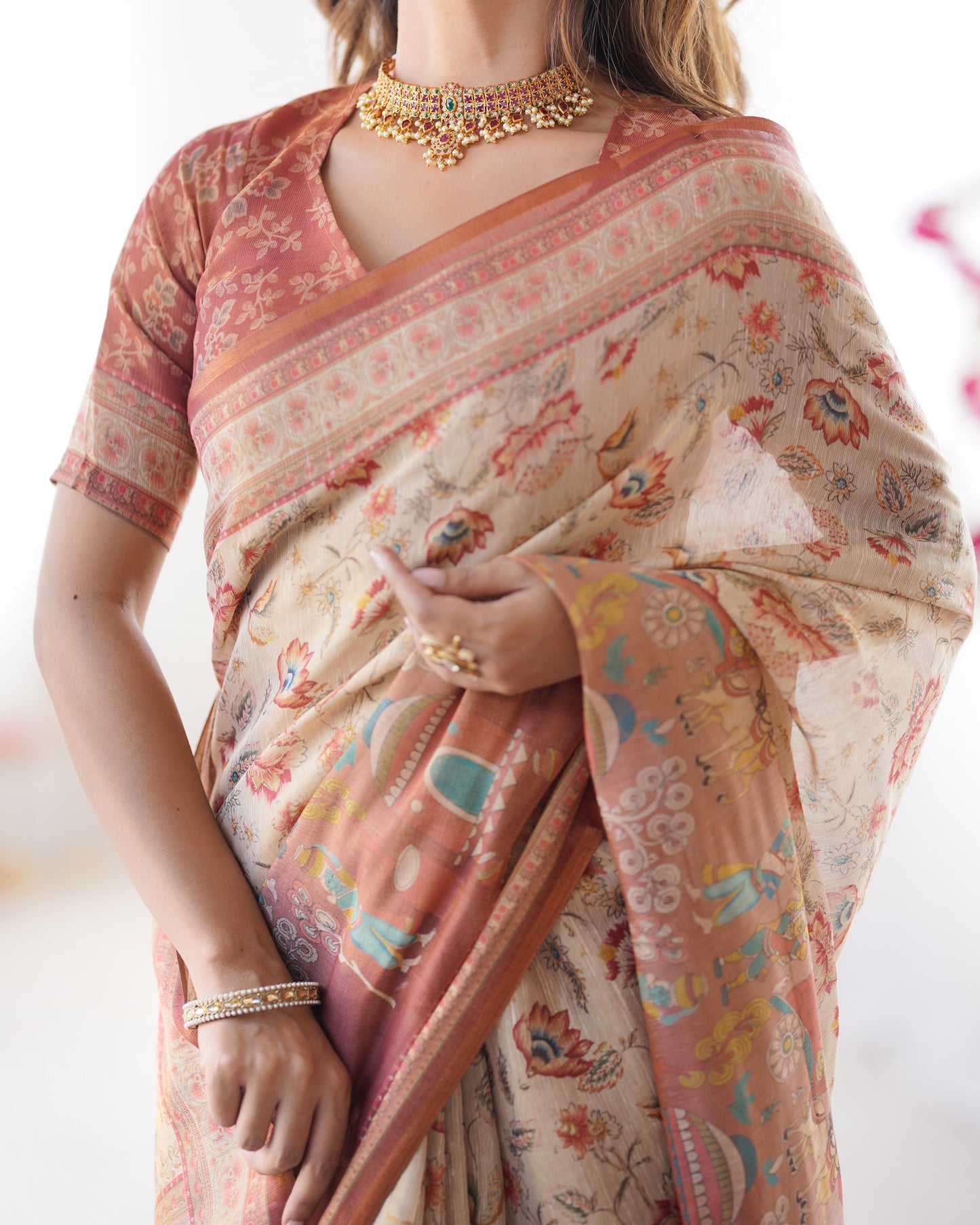 Graceful Ivory Beige Linen Saree with Artistic Rust Border & Heritage Print Detailing | Premium Festive & Elegant Wear