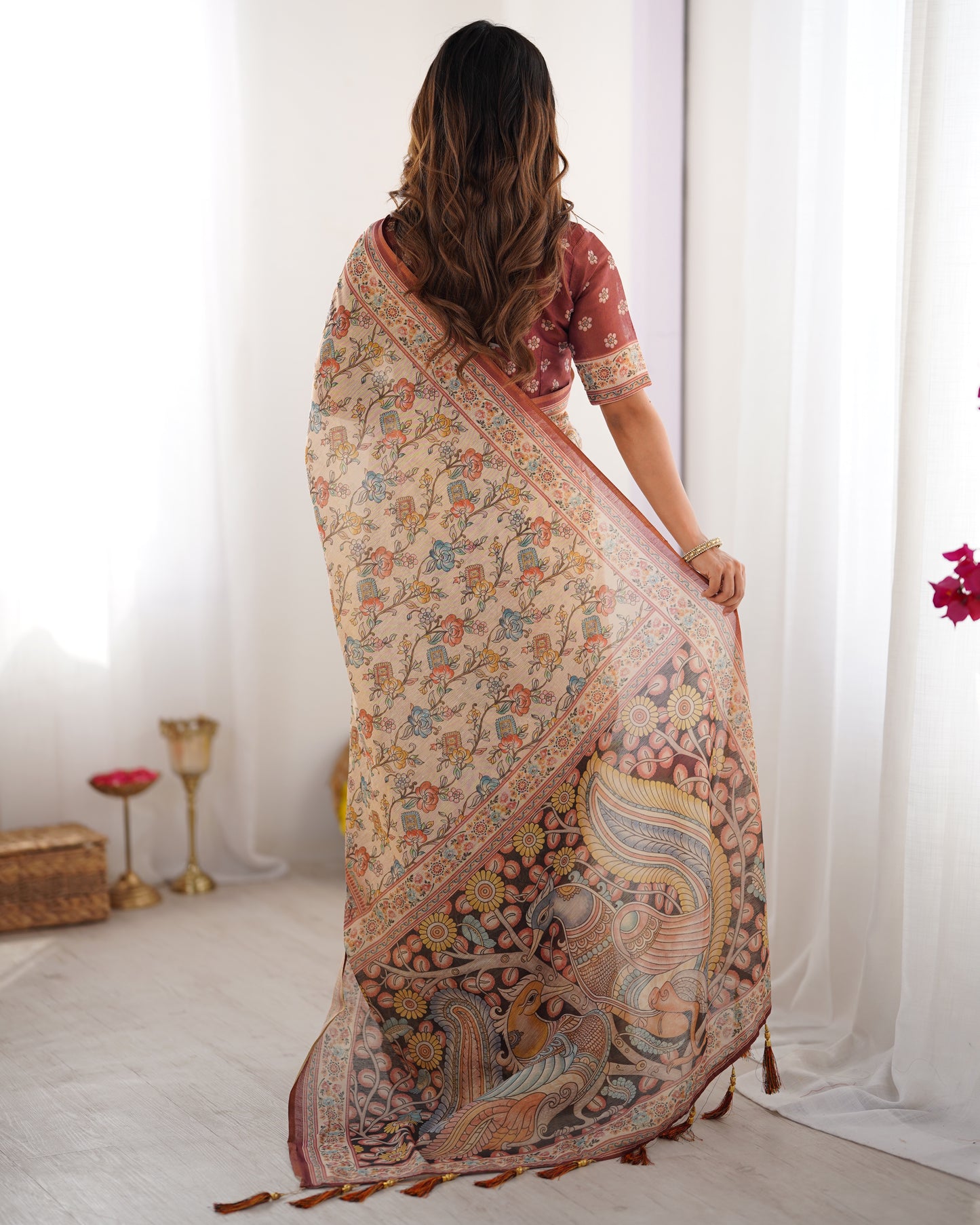 Elegant Cream Beige Linen Saree with Rust Red Heritage Border & Traditional Folk Story Prints | Premium Cultural & Festive Wear