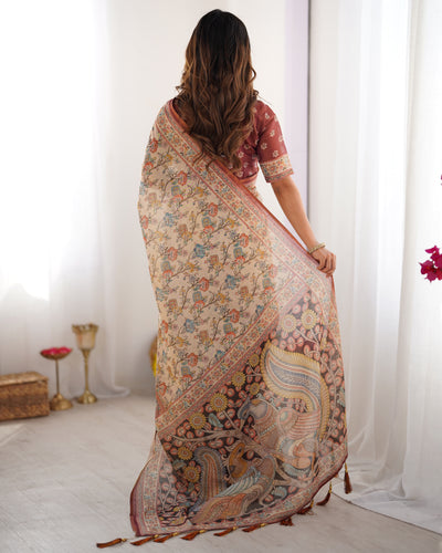 Elegant Cream Beige Linen Saree with Rust Red Heritage Border & Traditional Folk Story Prints | Premium Cultural & Festive Wear
