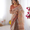 Graceful Ivory Beige Linen Saree with Artistic Rust Border & Heritage Print Detailing | Premium Festive & Elegant Wear