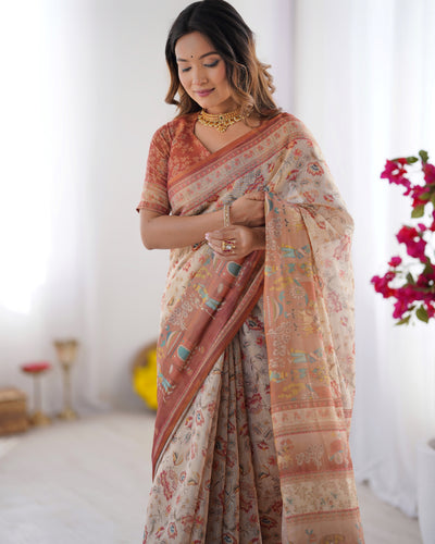 Graceful Ivory Beige Linen Saree with Artistic Rust Border & Heritage Print Detailing | Premium Festive & Elegant Wear