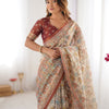 Elegant Cream Beige Linen Saree with Rust Red Heritage Border & Traditional Folk Story Prints | Premium Cultural & Festive Wear