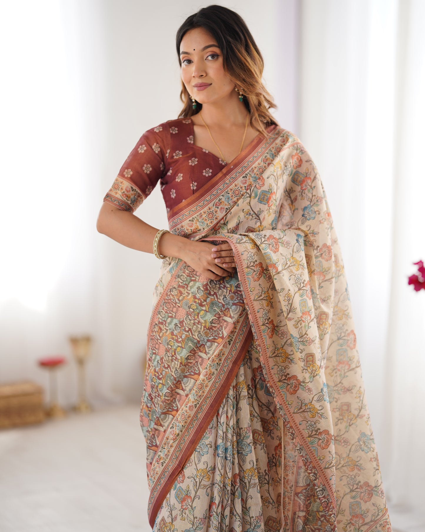 Elegant Cream Beige Linen Saree with Rust Red Heritage Border & Traditional Folk Story Prints | Premium Cultural & Festive Wear