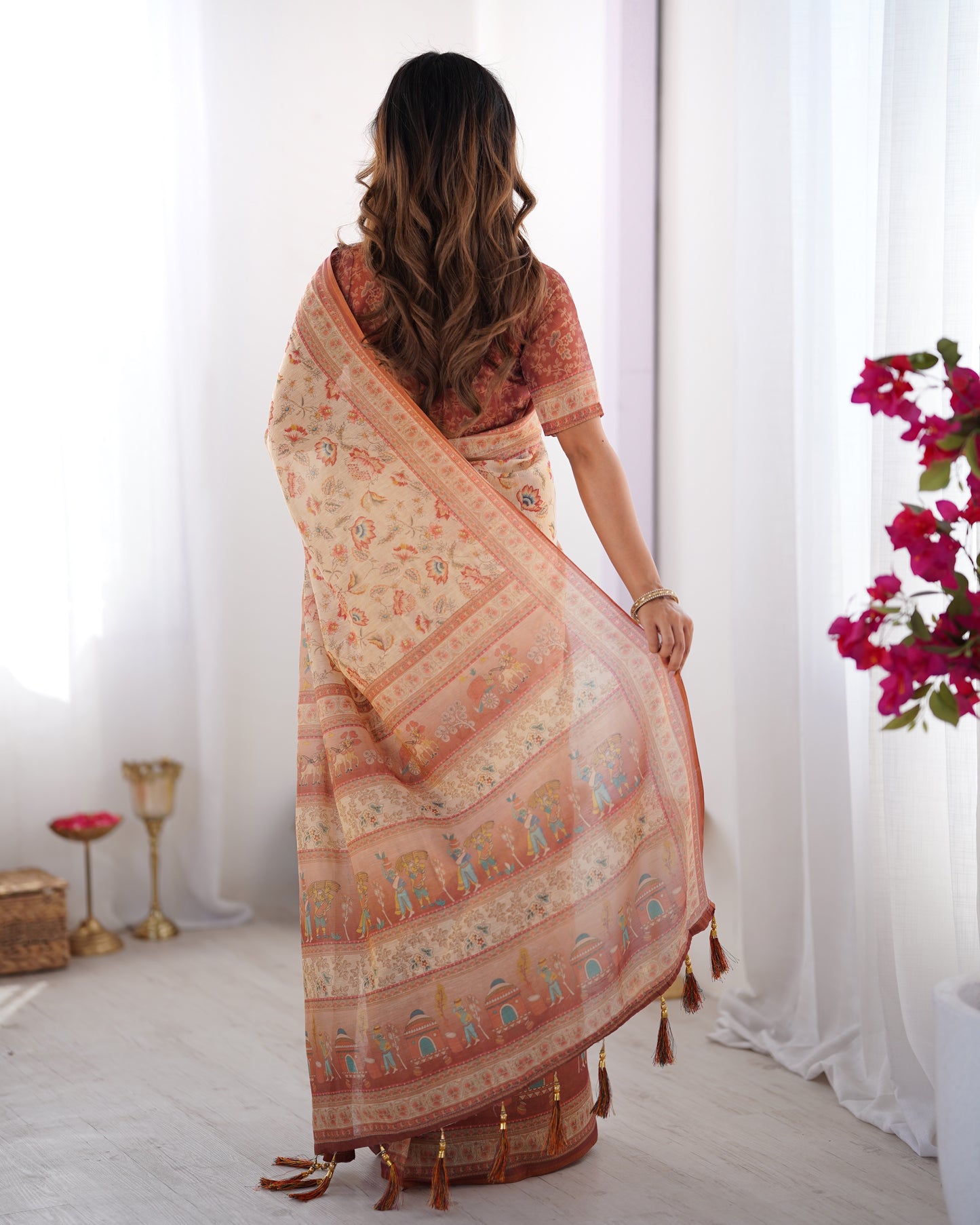 Graceful Ivory Beige Linen Saree with Artistic Rust Border & Heritage Print Detailing | Premium Festive & Elegant Wear
