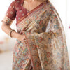 Elegant Cream Beige Linen Saree with Rust Red Heritage Border & Traditional Folk Story Prints | Premium Cultural & Festive Wear