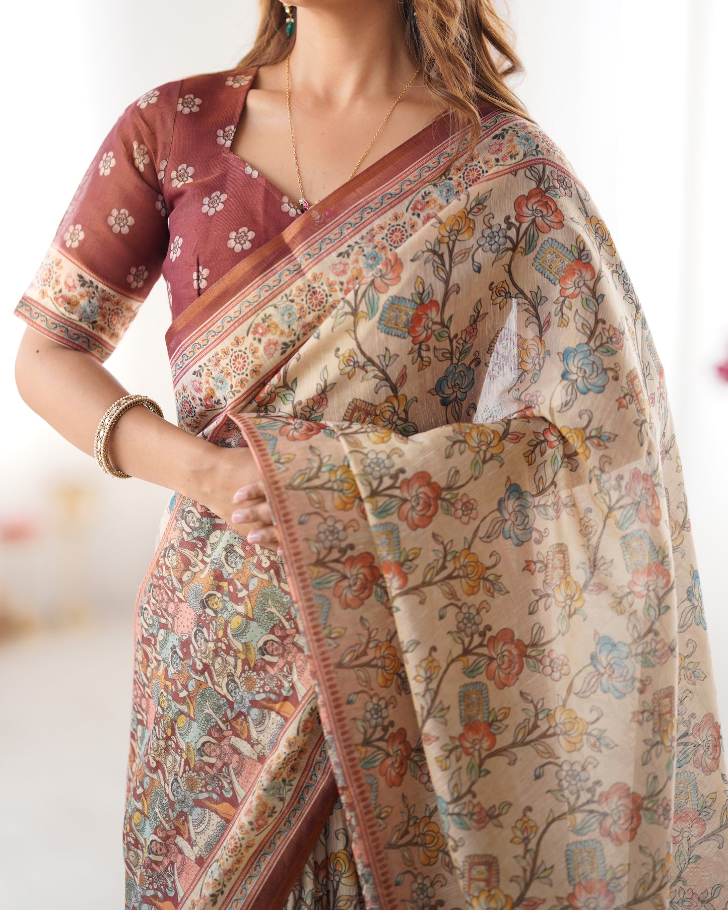 Elegant Cream Beige Linen Saree with Rust Red Heritage Border & Traditional Folk Story Prints | Premium Cultural & Festive Wear