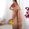 Graceful Ivory Beige Linen Saree with Artistic Rust Border & Heritage Print Detailing | Premium Festive & Elegant Wear