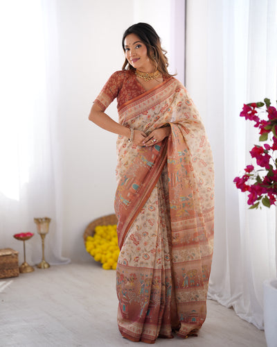 Graceful Ivory Beige Linen Saree with Artistic Rust Border & Heritage Print Detailing | Premium Festive & Elegant Wear