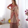 Classic Cream Linen Saree with Maroon Heritage Border & Artistic Kalamkari-Inspired Floral Prints | Premium Festive & Cultural Wear