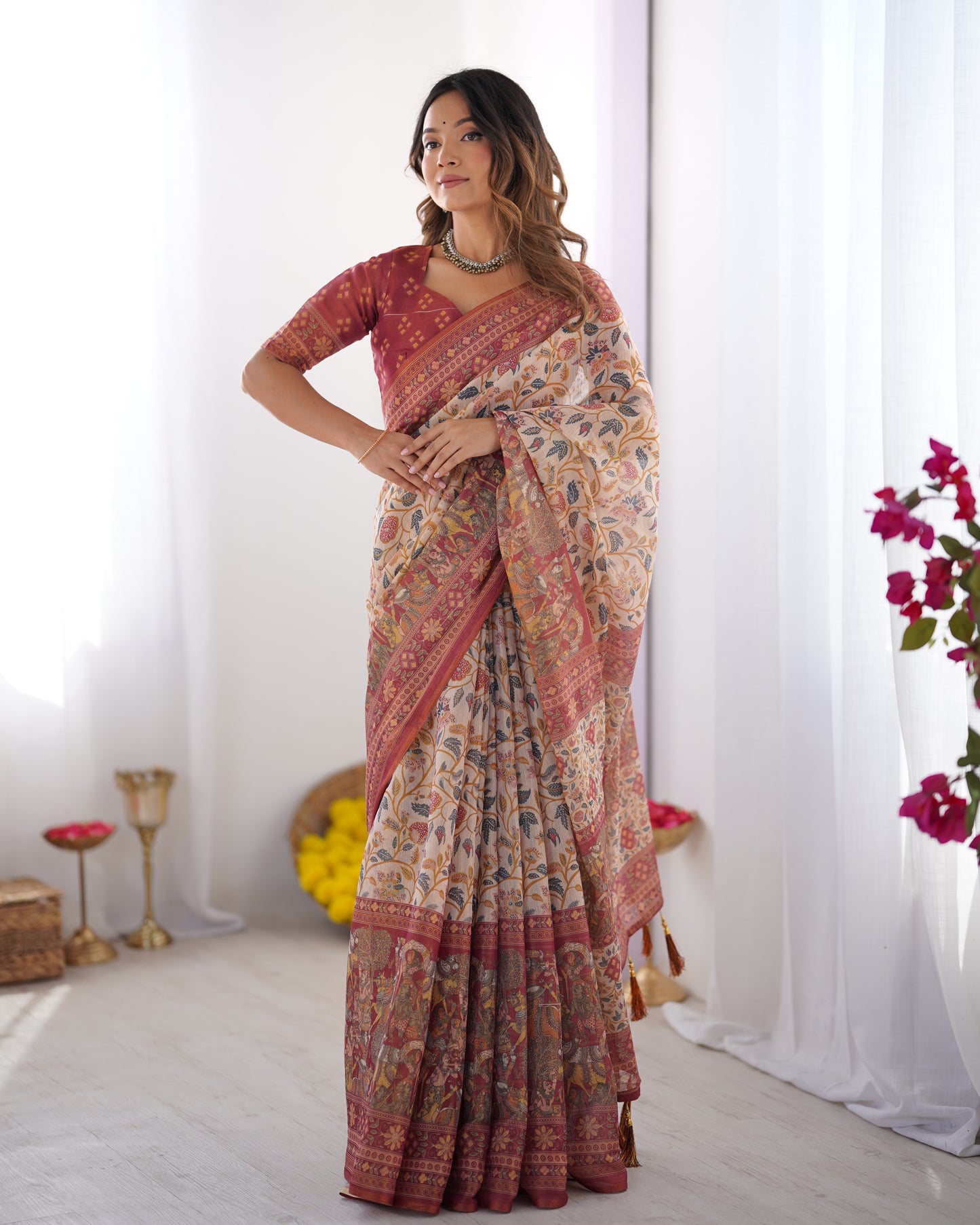 Classic Cream Linen Saree with Maroon Heritage Border & Artistic Kalamkari-Inspired Floral Prints | Premium Festive & Cultural Wear