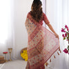 Classic Cream Linen Saree with Maroon Heritage Border & Artistic Kalamkari-Inspired Floral Prints | Premium Festive & Cultural Wear