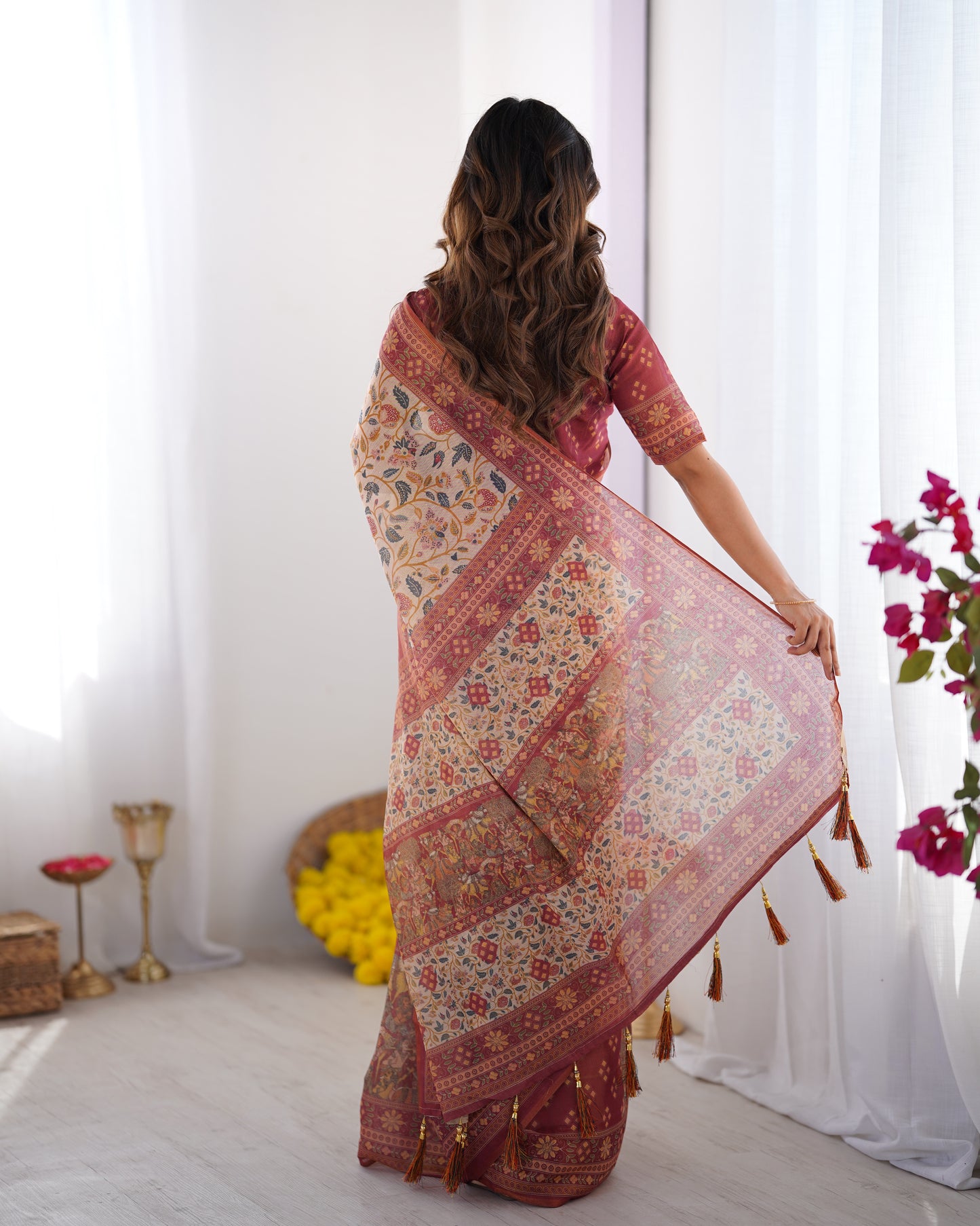 Classic Cream Linen Saree with Maroon Heritage Border & Artistic Kalamkari-Inspired Floral Prints | Premium Festive & Cultural Wear